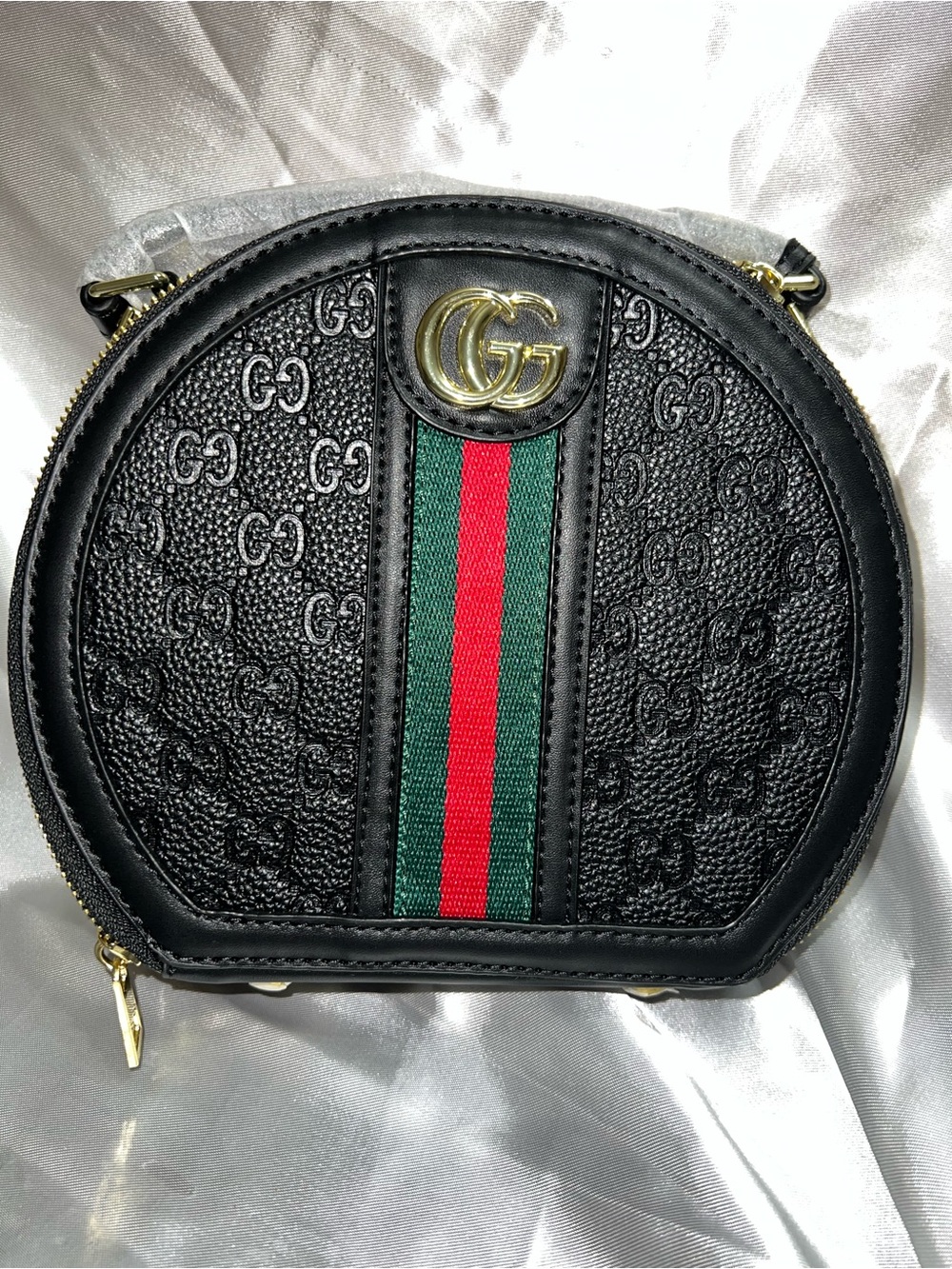 Inspired Black GG Embossed Round Crossbody with Green-Red Stripe
